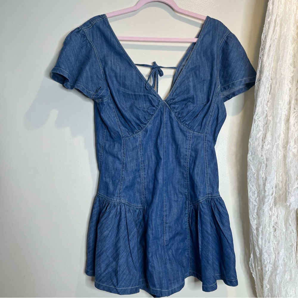 We The Free People Mia Playsuit Denim Drop Waist Seamed Bust Romper L - Picture 2 of 5